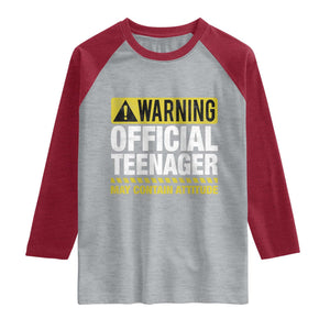 13th Birthday Raglan Shirt Warning Official Teenager May Contain Attitude Funny 13 Years Old TS11 Heather Gray Heather Red Print Your Wear
