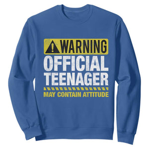 13th Birthday Sweatshirt Warning Official Teenager May Contain Attitude Funny 13 Years Old TS11 Royal Blue Print Your Wear