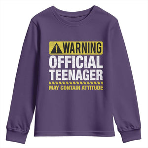 13th Birthday Youth Sweatshirt Warning Official Teenager May Contain Attitude Funny 13 Years Old TS11 Purple Print Your Wear