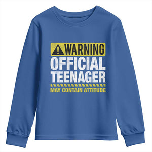 13th Birthday Youth Sweatshirt Warning Official Teenager May Contain Attitude Funny 13 Years Old TS11 Royal Blue Print Your Wear