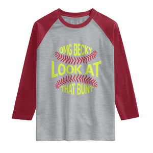 OMG Becky Look At That Bunt Funny Softball Raglan Shirt TS11 Heather Gray Heather Red Print Your Wear