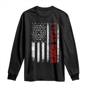 1 Year Sober Long Sleeve Shirt 1 Year Sobriety Anniversary Vintage American Flag TS11 Black Print Your Wear