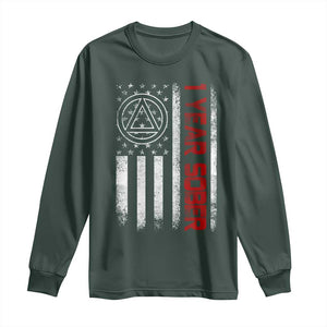 1 Year Sober Long Sleeve Shirt 1 Year Sobriety Anniversary Vintage American Flag TS11 Dark Forest Green Print Your Wear
