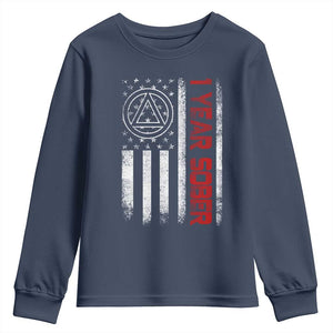 1 Year Sober Youth Sweatshirt 1 Year Sobriety Anniversary Vintage American Flag TS11 Navy Print Your Wear