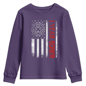 1 Year Sober Youth Sweatshirt 1 Year Sobriety Anniversary Vintage American Flag TS11 Purple Print Your Wear