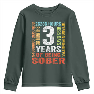 3 Years Of Being Sober Youth Sweatshirt 3 Years Sobriety Anniversary Addiction Recovery TS11 Dark Forest Green Print Your Wear