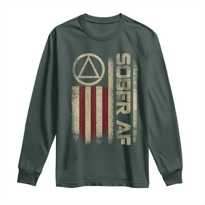 Sober AF Long Sleeve Shirt Alcoholism Addiction Recovery Rehabilitation Vintage American Flag TS11 Dark Forest Green Print Your Wear