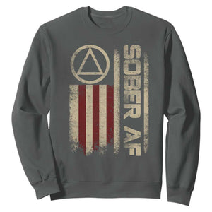 Sober AF Sweatshirt Alcoholism Addiction Recovery Rehabilitation Vintage American Flag TS11 Dark Heather Print Your Wear