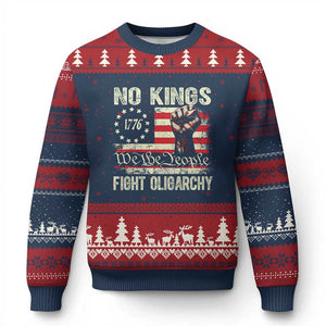 Funny No Kings Fight Oligarchy Ugly Christmas Sweater Betsy Ross Flag Hand Fist TS11 Navy Red Print Your Wear