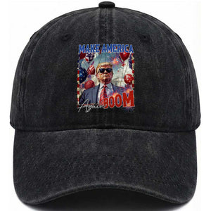 Funny Trump 4th of July Washed Cotton Baseball Cap Make America Boom Again American Flag TS11 Washed Cap Universal Fit Black Print Your Wear