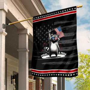 Funny Feral And Free Garden Flag 4th of July Patriotic Raccoon With American Flag Fireworks TS11 Distressed Black Red Print Your Wear