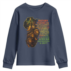 Haile Selassie Quotes Youth Sweatshirt History Teaches Us That Unity Is Strength Rasta Lions of Judah TS11 Navy Print Your Wear