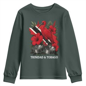 Trinidadian and Tobagonian Pride Youth Sweatshirt Trinidadian Roots Scarlet Ibis Steelpans TS11 Dark Forest Green Print Your Wear