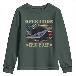 Operation Epic Fury Youth Sweatshirt Military Bomber Jet American Flag TS11 Dark Forest Green Print Your Wear