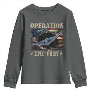Operation Epic Fury Youth Sweatshirt Military Bomber Jet American Flag TS11 Dark Heather Print Your Wear