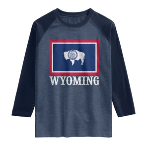 Vintage State of Wyoming Flag Bison Cheyenne Jackson Hole Raglan Shirt TS11 Heather Denim Navy Print Your Wear