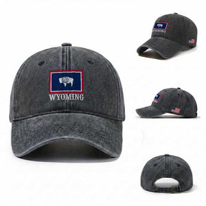 Vintage State of Wyoming Flag Bison Cheyenne Jackson Hole Washed Cotton Baseball Cap TS11 Washed Cap Universal Fit Dark Gray Print Your Wear