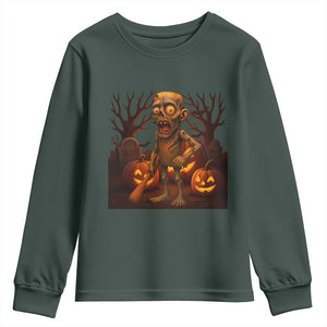 Funny Halloween Zombie Tung Tung Sahur Youth Sweatshirt Italian Brainrot Meme TS11 Dark Forest Green Print Your Wear