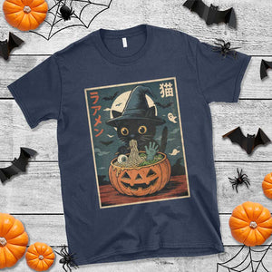 Funny Spooky Black Cat Eating Ramen Kawaii Japanese Halloween T Shirt TS11 Navy Print Your Wear