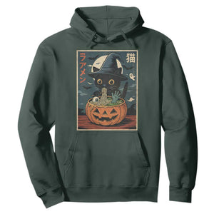 Funny Spooky Black Cat Eating Ramen Kawaii Japanese Halloween Hoodie TS11 Dark Forest Green Print Your Wear