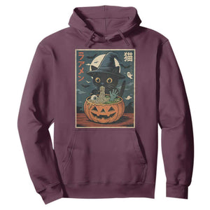 Funny Spooky Black Cat Eating Ramen Kawaii Japanese Halloween Hoodie TS11 Maroon Print Your Wear