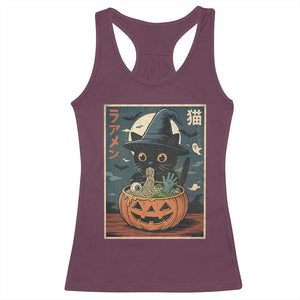 Funny Spooky Black Cat Eating Ramen Kawaii Japanese Halloween Racerback Tank Top TS11 Maroon Print Your Wear