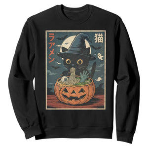 Funny Spooky Black Cat Eating Ramen Kawaii Japanese Halloween Sweatshirt TS11 Black Print Your Wear