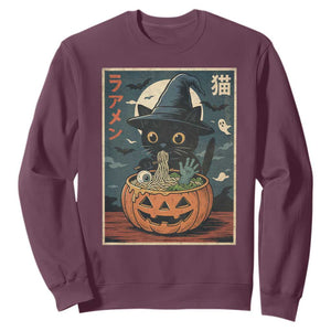 Funny Spooky Black Cat Eating Ramen Kawaii Japanese Halloween Sweatshirt TS11 Maroon Print Your Wear