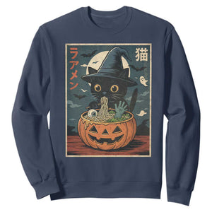 Funny Spooky Black Cat Eating Ramen Kawaii Japanese Halloween Sweatshirt TS11 Navy Print Your Wear