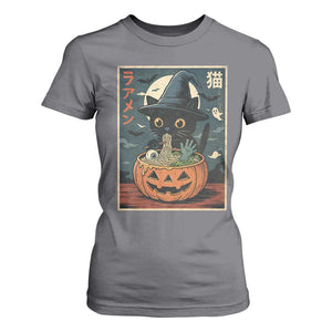 Funny Spooky Black Cat Eating Ramen Kawaii Japanese Halloween T Shirt For Women TS11 Charcoal Print Your Wear