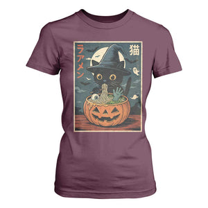Funny Spooky Black Cat Eating Ramen Kawaii Japanese Halloween T Shirt For Women TS11 Maroon Print Your Wear