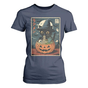 Funny Spooky Black Cat Eating Ramen Kawaii Japanese Halloween T Shirt For Women TS11 Navy Print Your Wear