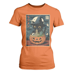 Funny Spooky Black Cat Eating Ramen Kawaii Japanese Halloween T Shirt For Women TS11 Orange Print Your Wear
