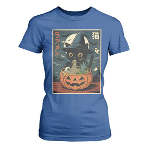 Funny Spooky Black Cat Eating Ramen Kawaii Japanese Halloween T Shirt For Women TS11 Royal Blue Print Your Wear