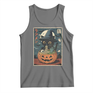 Funny Spooky Black Cat Eating Ramen Kawaii Japanese Halloween Tank Top TS11 Black Heather Print Your Wear