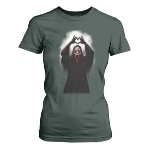 Funny Scary Face Ghost Hand Heart Sign Halloween T Shirt For Women TS11 Dark Forest Green Print Your Wear