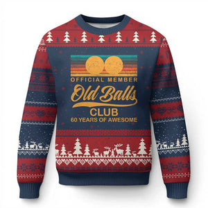 Funny 60th Birthday Ugly Christmas Sweater Official Member Of The Old Ball Clubs Retro Sunset TS11 Navy Red Print Your Wear