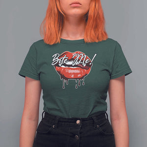 Halloween T Shirt For Women Bite Me Vampire Red Lips Teeth Bloody TS11 Dark Forest Green Print Your Wear