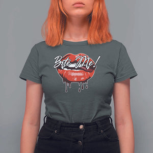 Halloween T Shirt For Women Bite Me Vampire Red Lips Teeth Bloody TS11 Dark Heather Print Your Wear
