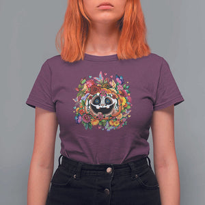 Day Of The Dead T Shirt For Women Pumpkin Sugar Skull Halloween Flowers TS11 Maroon Print Your Wear
