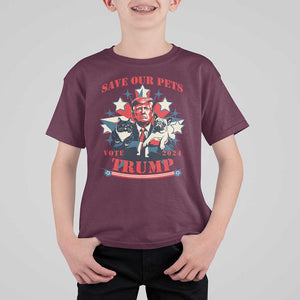 Funny Trump T Shirt For Kid Save Our Pets Vote Trump 2024 Dog Cat Star TS11 Maroon Print Your Wear
