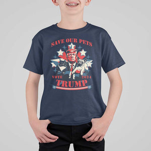 Funny Trump T Shirt For Kid Save Our Pets Vote Trump 2024 Dog Cat Star TS11 Navy Print Your Wear