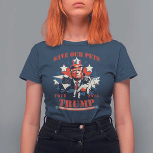 Funny Trump T Shirt For Women Save Our Pets Vote Trump 2024 Dog Cat Star TS11 Navy Print Your Wear