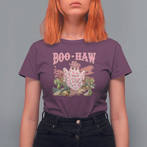 Halloween Western T Shirt For Women Boo Haw Cute Country Cowboy Ghost TS11 Maroon Print Your Wear