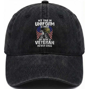 US Veterans Washed Cotton Baseball Cap My Time In Uniform Is Over But Being A Veteran Never Dies TS11 Washed Cap Universal Fit Black Print Your Wear