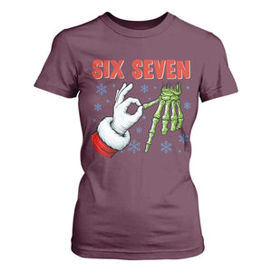 Funny 67 Christmas T Shirt For Women Six Seven Meme Santa Skeleton Hands Gesture Gen Alpha TS11 Maroon Print Your Wear