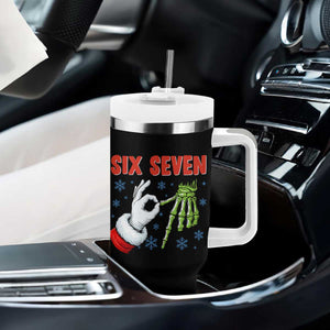 Funny 67 Christmas Tumbler With Handle Six Seven Meme Santa Skeleton Hands Gesture Gen Alpha TS11 Print Your Wear
