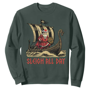 Funny Christmas Santa Viking Sweatshirt Sleigh All Day Xmas Pagan Norse Longship TS11 Dark Forest Green Print Your Wear