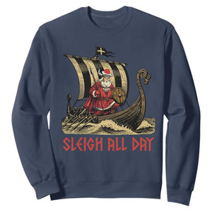 Funny Christmas Santa Viking Sweatshirt Sleigh All Day Xmas Pagan Norse Longship TS11 Navy Print Your Wear