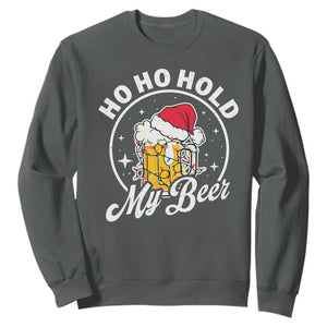 Funny Christmas Beers Sweatshirt Ho Ho Hold My Beer Vintage Mug Santa Hat TS11 Dark Heather Print Your Wear